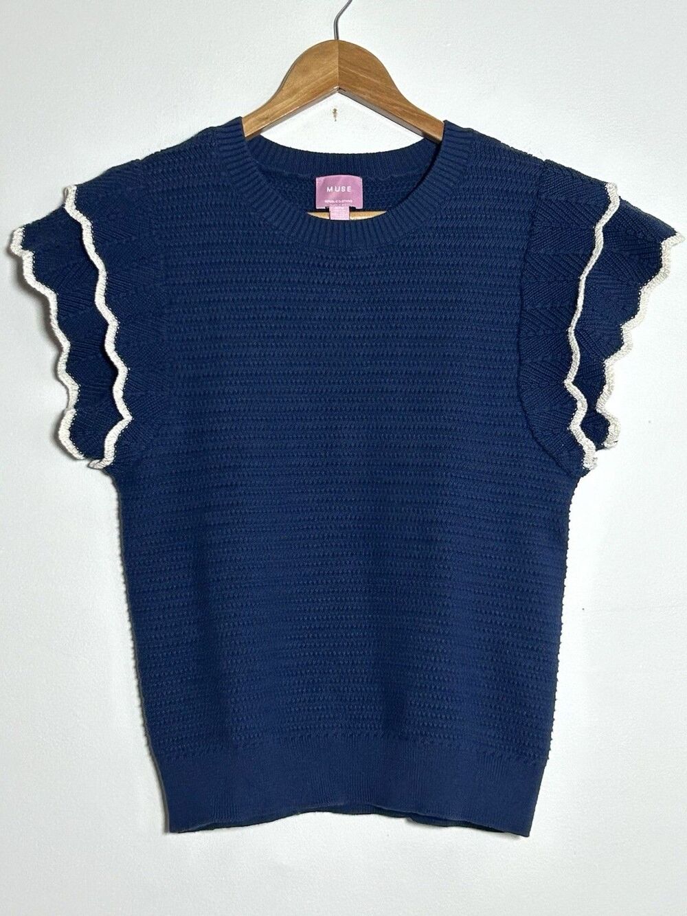 Muse Navy Blue Knit Top Scallop‎ Sleeve Preppy Nautical Coastal Sweater M